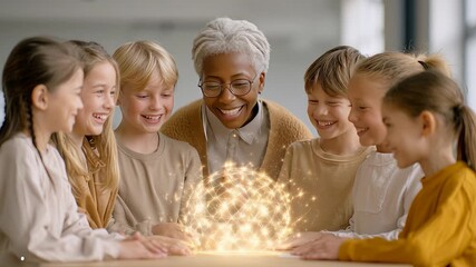 Diverse group of children engaged in science experiment with enthusiastic teacher
