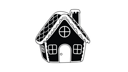 A charming black and white illustration of a whimsical gingerbread style house