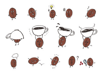 Hand Drawn Coffee Bean Character Vector Illustration set
