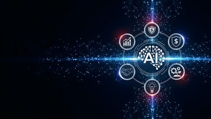 A futuristic AI concept with glowing blue lines and economic investation finance icons on a dark background with a starry night effect.