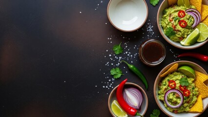 Overhead view of assorted fresh ingredients for authentic Mexican meal preparation with chili, lime, and guacamole
