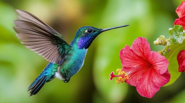 selective focus hummingbird hovering near flower