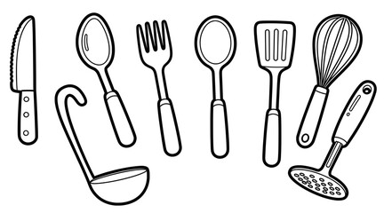 Kitchen utensils illustration featuring a knife, ladle, fork, spoon, spatula, whisk, and masher, showcasing essential cooking tools for culinary enthusiasts and home chefs