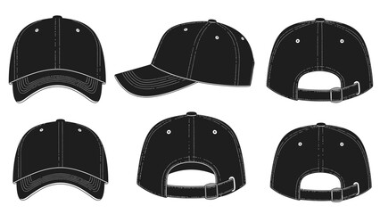 A collection of black baseball caps in various views and styles