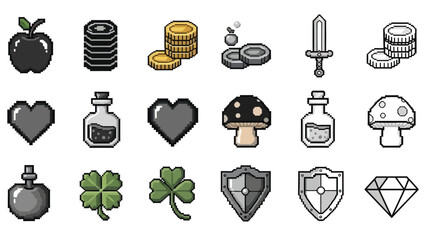 Pixel art icons showcasing game items like potions hearts coins and weapons