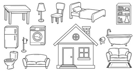 Home interior illustration featuring various furniture items like a couch, bed, table, and appliances, creating a cozy living space with essential household elements