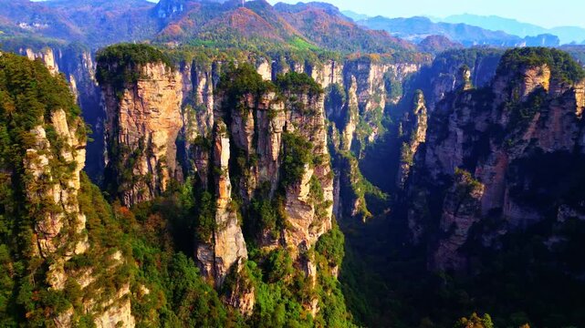 Aerial view of towering mountain pillars piercing the sky, adorned with green vegetation, creating a dramatic landscape, Zhangjiajie, Hunan, China.