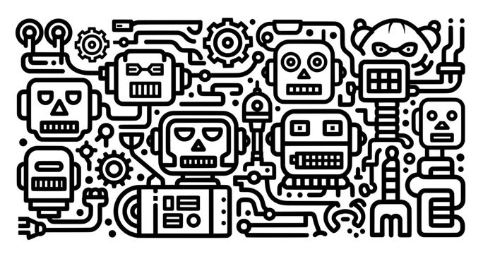 Line art illustration featuring various robot designs interconnected with circuits and gears, showcasing a futuristic technology theme with playful elements and intricate details