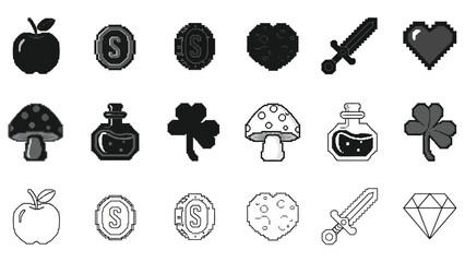 Collection of black and white icons apples coins mushrooms and more