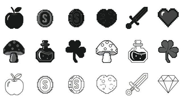 Collection of black and white icons apples coins mushrooms and more - Powered by Adobe