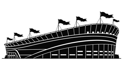 A black and white illustration of a stadium with waving flags atop it