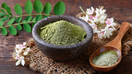 A rustic tabletop displays a bowl filled with green powder, complemented by a wooden spoon, flowers, and leaves for a touch of natural elegance.