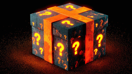 Obraz premium A mysterious gift box, wrapped with an orange ribbon, is covered with glowing question marks, leaving you wondering what could be inside.