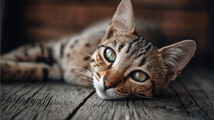 Serene feline portrait: A spotted cat with mesmerizing green eyes rests gracefully on a textured wooden surface, radiating peacefulness.