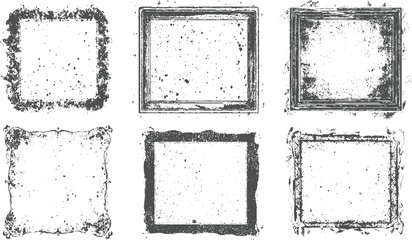Collection of six distressed square and rectangular grunge frames with splattered ink textures and rough edges vintage