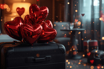 A suitcase with heart-shaped balloons in a hotel room for a Valentine's Day celebration. A romantic getaway for two lovers, promotions for February 14.