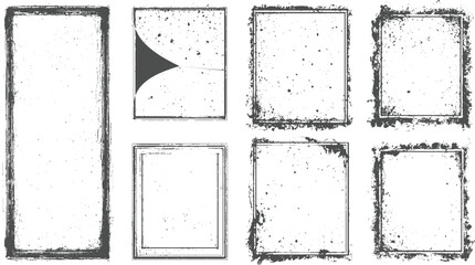 Selection of seven grunge rectangular frames with diverse textures including heavy splatters and rough outlines creating a vintage or distressed visual impact