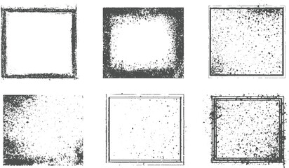 Assortment of six grunge square and rectangular frames with heavy ink splatters and rough edges for a distressed artistic background effect