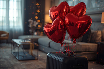 A suitcase with heart-shaped balloons in a hotel room for a Valentine's Day celebration. A romantic getaway for two lovers, promotions for February 14.