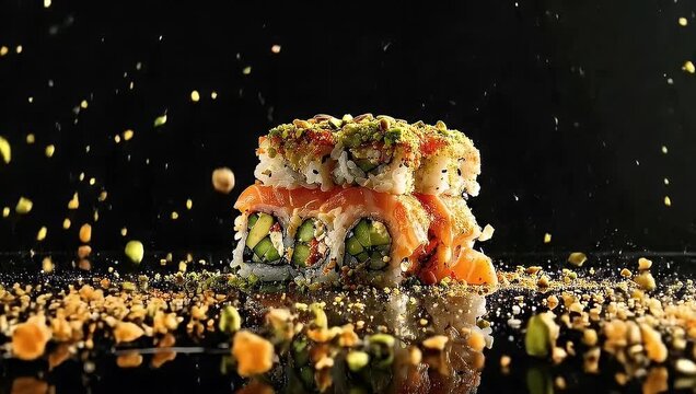 Gourmet Sushi Rolls with Toppings Falling in Slow Motion 4K. Fresh Japanese Cuisine Presentation for Restaurant Menu.