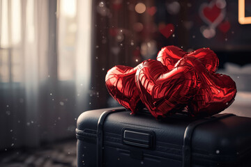 A suitcase with heart-shaped balloons in a hotel room for a Valentine's Day celebration. A romantic getaway for two lovers, promotions for February 14.