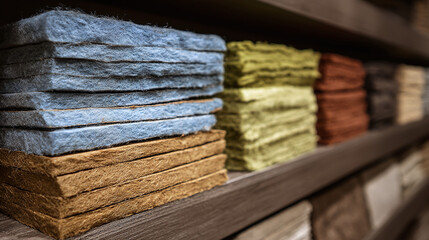 Stacks of dyed felted panels in various colors, neatly arranged on a wooden shelf, offering texture and an earthy color palette.