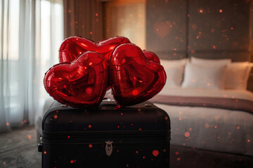A suitcase with heart-shaped balloons in a hotel room for a Valentine's Day celebration. A romantic getaway for two lovers, promotions for February 14.