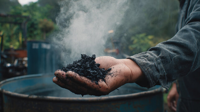 Hand holding a heap of biochar with smoke rising, highlighting sustainable agriculture and soil enhancement for environmental stewardship.