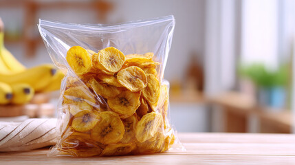 A bag of freshly made banana chips sits on a wooden table, offering a healthy snack option with a subtle sweet taste for a quick energy boost.