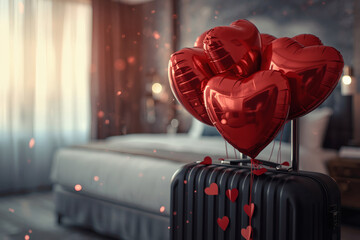 A suitcase with heart-shaped balloons in a hotel room for a Valentine's Day celebration. A romantic getaway for two lovers, promotions for February 14.