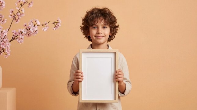 Boy holding a blank picture frame in front of peach background  