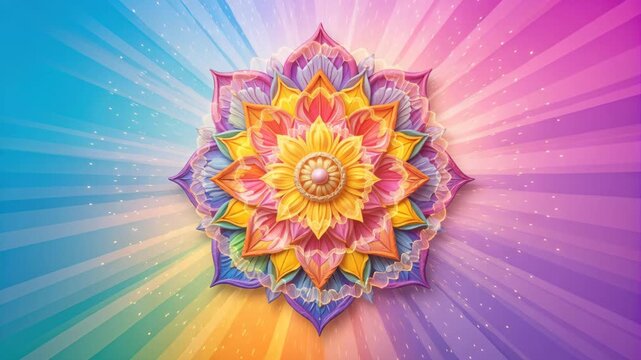 Colorful mandala flower design with rainbow background light rays.