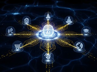 Digital illustration of a glowing AI hub with interconnected icons on a dark background with blue lightning lines and