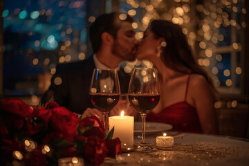 Concept for Valentine's Day. An elegant couple kissing over a romantic candlelit dinner with glasses of wine on a luxurious evening. The glasses are in focus in the foreground.