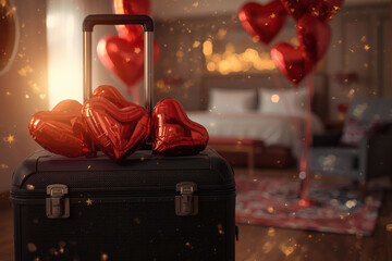 A suitcase with heart-shaped balloons in a hotel room for a Valentine's Day celebration. A romantic getaway for two lovers, promotions for February 14.