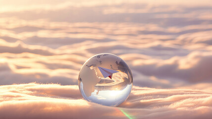 World Travel Concept: A paper airplane seemingly embarks on a journey around the globe, encapsulated in a crystal ball, with a backdrop of a heavenly cloudscape and a sense of wanderlust.