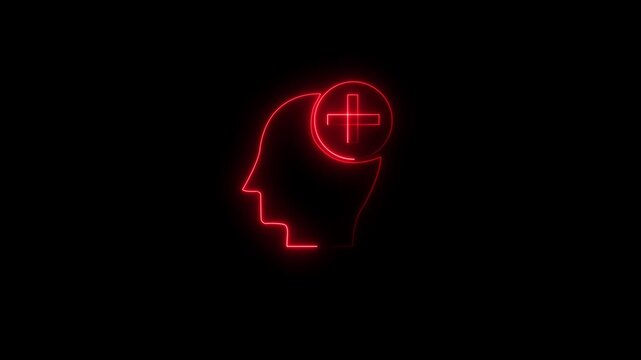 Glowing Red Human Head with Plus Icon Animation on Black Background, AI Mind, Health Technology, Medical Innovation, Digital Brain, Futuristic HUD Interface, Cyber Concept