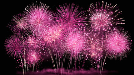 A vibrant burst of pink fireworks lights up the night sky. The display is a celebration of color, and illumination. Festival of lights.