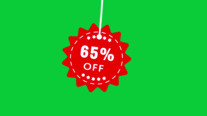 Red starburst shaped tag with white text announcing 65 percent off hanging by a white string against a vibrant green background retail promotions and seasonal sales events