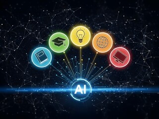 Glowing icons representing education innovation and technology radiate from a central AI symbol against a dark background with a