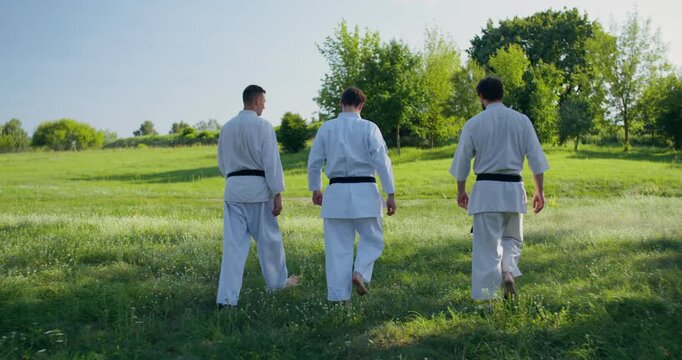 Three young men in keikogi walk to train before a match. Three young karatekas train on the grass.