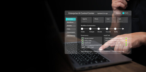 Businessman with laptop interacts enterprise AI control center interface. Data governance, workflow orchestration, business automation, corporate access management, and agentic enterprise technology.