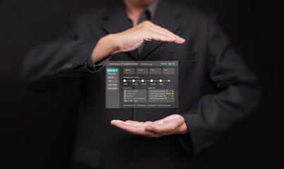 Businessman holding and protecting enterprise AI control center interface. Secure automation, data governance, workflow access, agentic enterprise, and artificial intelligence at the corporate level.