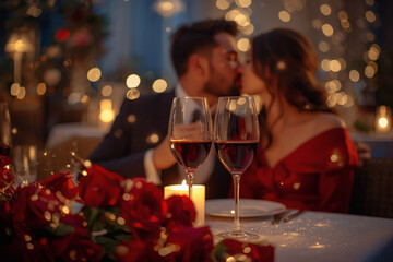 Concept for Valentine's Day. An elegant couple kissing over a romantic candlelit dinner with glasses of wine on a luxurious evening. The glasses are in focus in the foreground.