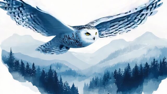selective focus snowy owl flying over winter landscape