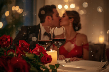 Concept for Valentine's Day. An elegant couple kissing over a romantic candlelit dinner with glasses of wine on a luxurious evening. The glasses are in focus in the foreground.