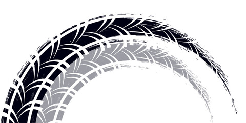 Tire track. Car, bike, motorcycle tyre mark with grunge effect isolated on white background. Wheel footprint on the road. Top view of rubber protector mark