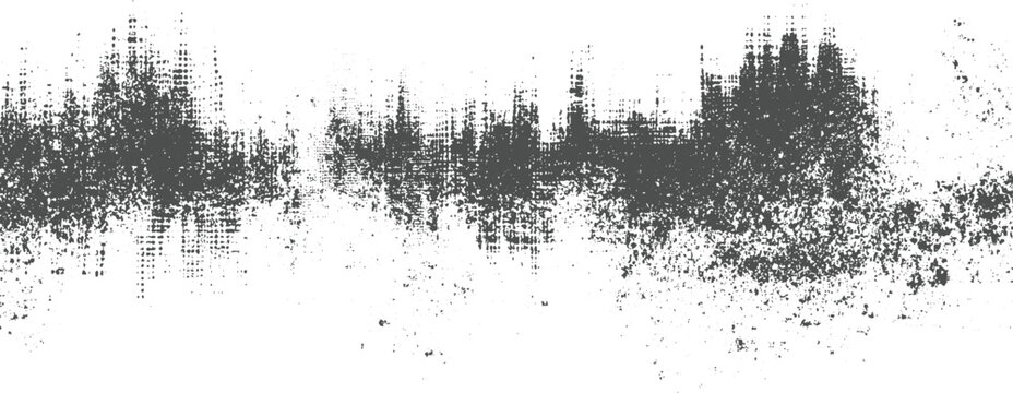 Horizontal grunge texture with scattered dark gray speckles and abstract shapes on a white background creating a weathered look