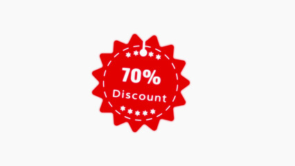 Red starburst shaped tag displaying seventy percent discount with white text and decorative stars on a white background seasonal sales and clearance events Keywords: red, starburst, tag, seventy