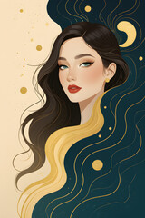 Elegant Woman Portrait With Flowing Dark Hair And Gold Accents